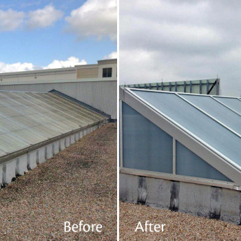 Before and After - Retrofit of Fiberglass - Pinnacle 350 Double Pitch, 25mm Opal IR Polycarbonate