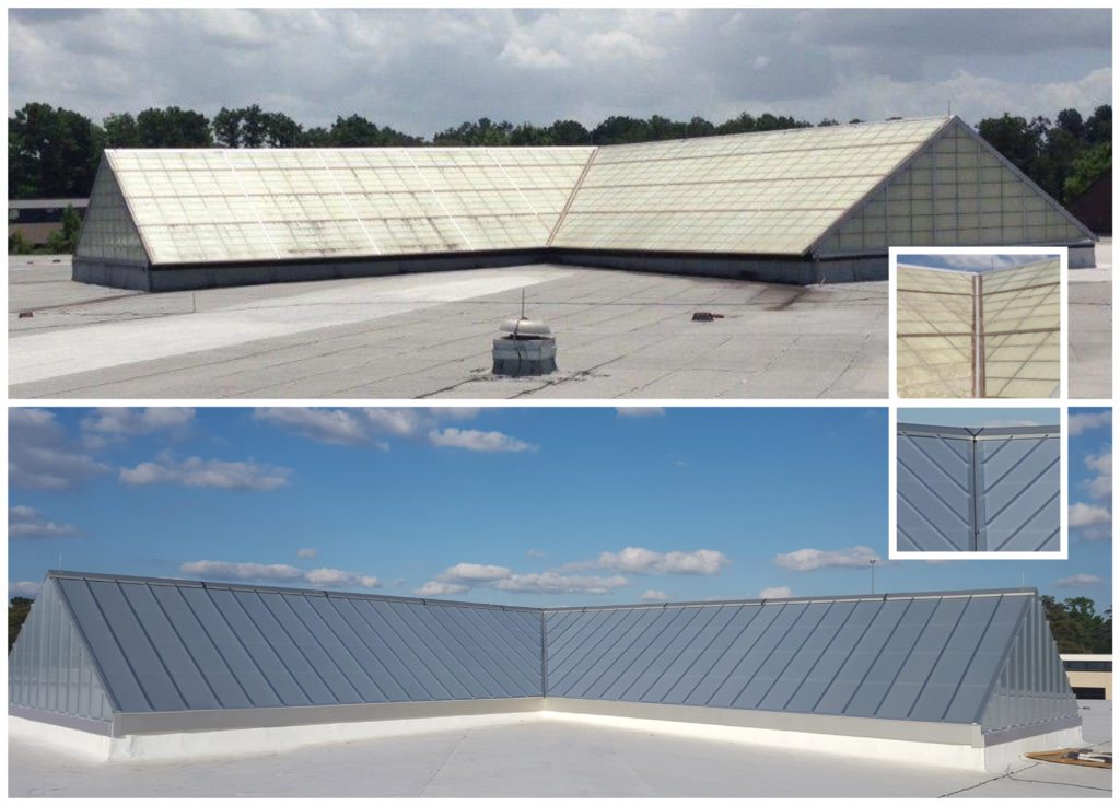 Horizon Intersecting Ridges, (4) 34’ x 25’, 8/12 Pitch. Glazing: 20mm Opal IR Standing Seam Multiwall Polycarbonate Skin System, FRP Replacement. Finish: Clear Anodize.
